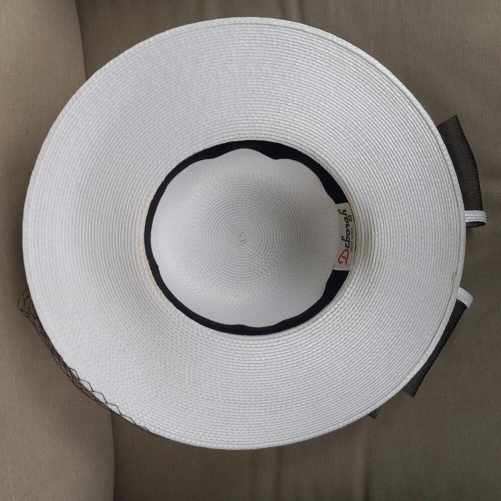 Elegant DEBORAH Black & White Wide Brim Straw Hat with Bow and Veil - Picture 5 of 7
